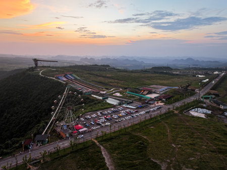 Aerial view of the highway at sunset in Hangzhou, Chinaの写真素材