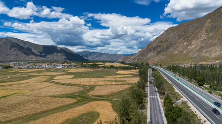 Aerial view of the highway in the mountainsの写真素材