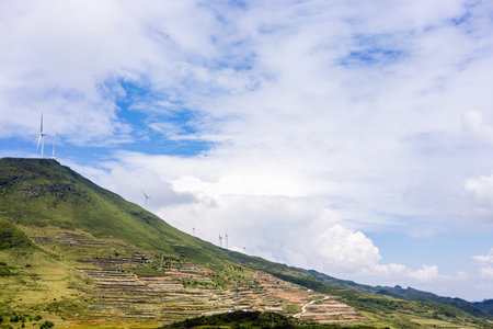Wind turbines on the hillside in the countryside of Taiwan, Asia.の写真素材