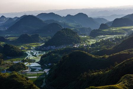 Mountain landscape in the early morning at sunsetの写真素材