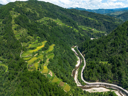 Aerial view of the road to Sapa, Lao Cai, Vietnamの写真素材