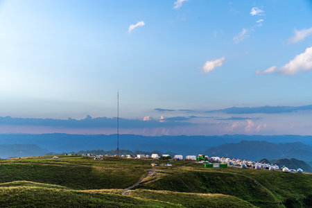 Sunset on the mountain at Doi Inthanon National Park, Chiang Mai, Thailandの写真素材