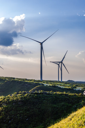 Wind turbines for electric power production, Zaragoza province, Aragon, Spain.の写真素材