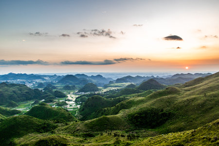 Mountain landscape at sunset, Guilin, Guangxi, Chinaの写真素材