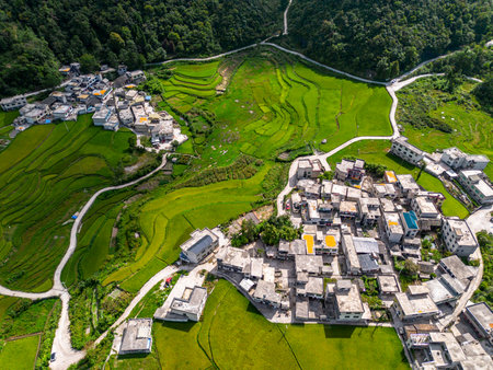 Aerial view of the village and rice terraces in Sapa, Vietnamの写真素材