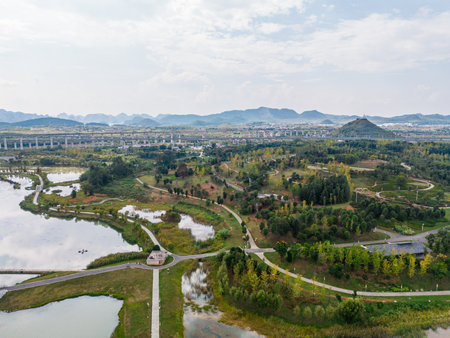 Aerial view of a small lake in a park, China.の写真素材