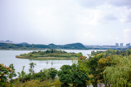Landscape scenery view of a lake in Hangzhou, China.の写真素材