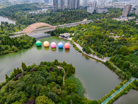 Aerial view of a park in Shenzhen, China.の写真素材
