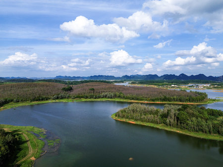 Aerial view of the lake and forest in the countryside, Thailand.の写真素材