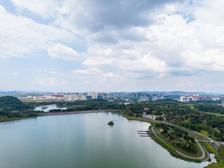 Aerial view of a lake in Shenzhen, China. Shenzhen is the largest city in China.の写真素材