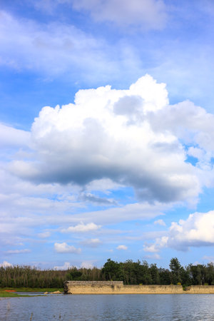 landscape of blue sky and white clouds, closeup of photoの写真素材