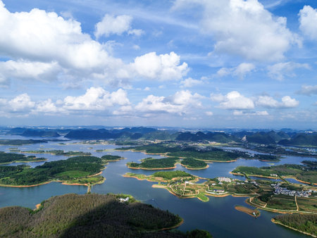 Aerial view of Srinakarin dam, Kanchanaburi, Thailandの写真素材