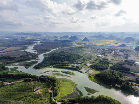 Aerial view of the river and mountain landscape in Shenzhen, Chinaの写真素材