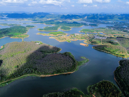 Aerial view of Srinakarin Dam, Kanchanaburi, Thailandの写真素材