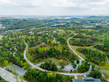 Aerial view of beautiful landscape with trees and road in the cityの写真素材
