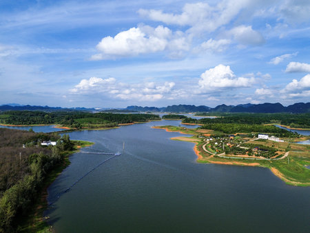 Aerial view of Srinagarind Dam, Kanchanaburi, Thailandの写真素材