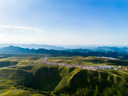 Aerial view of mountain with blue sky background in china.の写真素材