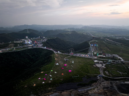 Aerial view of a city at sunsetの写真素材