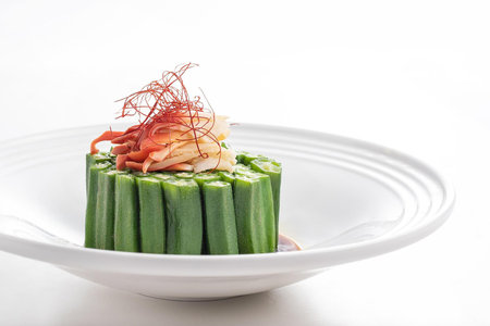 Japanese food, pickled cucumber with ginger and wasabi on white backgroundの写真素材