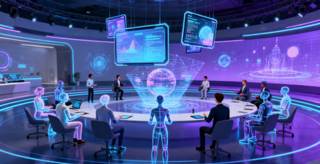 Group of business people in modern office with virtual hologram screens. 3D renderingの素材