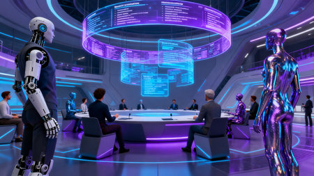 3D rendering humanoid robot working in front of a conference room with people aroundの素材