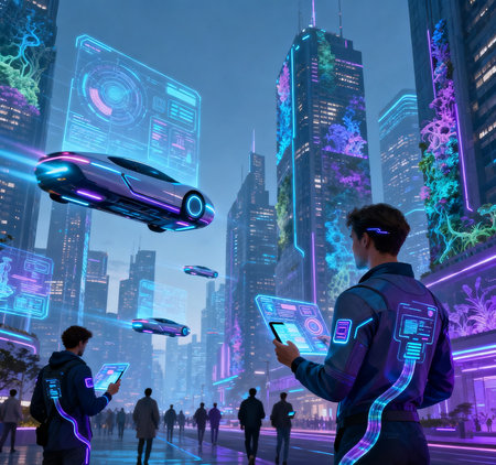 Future technology concept with man using virtual graphic interface in city. 3D renderingの素材