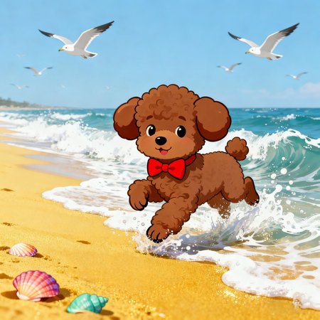 dog on the beach with seashells and seagullsの素材