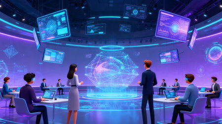 Group of business people in a meeting in front of a virtual screenの素材