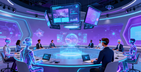Group of business people in meeting room working on virtual screens with hologram screens. Concept of augmented reality and artificial intelligence. 3D rendering.の素材