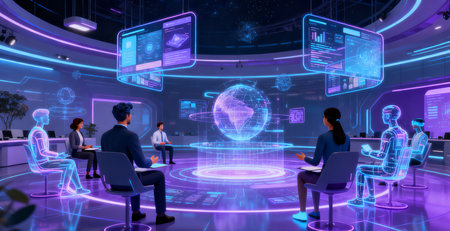 Group of business people working in modern office with virtual screens. Technology and innovation concept. 3D Renderingの素材