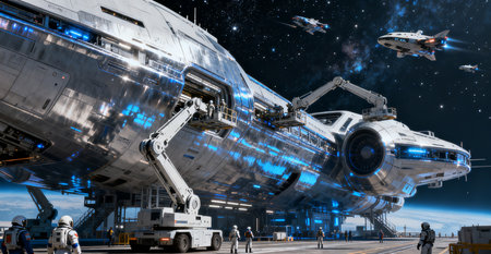 3D rendering of a space ship with an astronaut on board.の素材