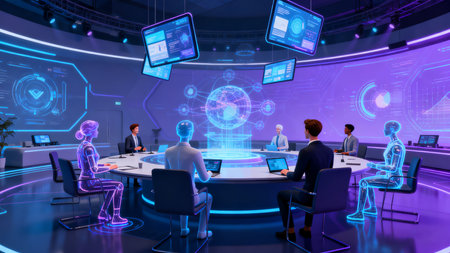 Group of business people working in modern meeting room with virtual hologram screens. Toned image double exposureの素材