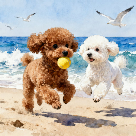 Watercolor illustration of a dog playing with a ball on the beachの素材
