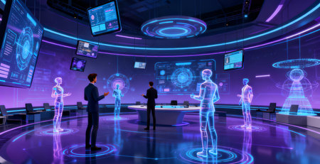 Silhouette of businessman looking at hologram screens in modern office. 3D renderingの素材