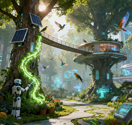 Futuristic artificial intelligence concept with 3d rendering cyborgs flying in the parkの素材