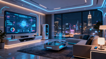 3D rendering of the interior of a modern living room with a panoramic city viewの素材