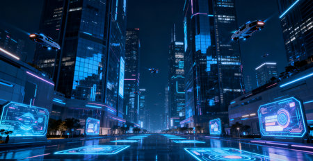 High-rise buildings in the city at night. 3d renderingの素材