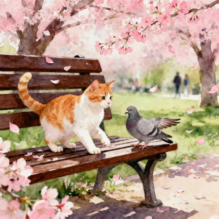 Watercolor illustration of a cat sitting on a bench in a park with a pigeonの素材