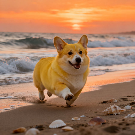Welsh corgi dog running on the beach at beautiful sunset.の素材