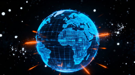Abstract glowing earth globe on black background. Global business concept. 3D Renderingの素材