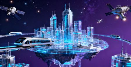 3D rendering of futuristic city with high-rise buildings and high-speed trainの素材