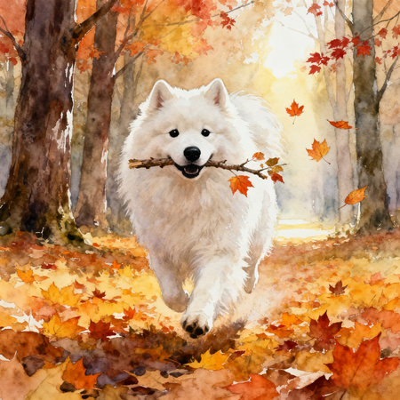 Cute Samoyed dog running in autumn forest. Watercolor paintingの素材