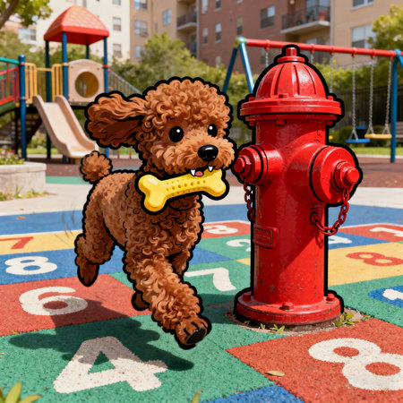 Cute dog and a red fire hydrant on the playground.の素材