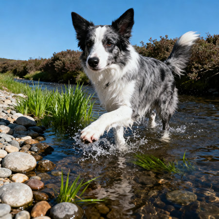 Border collie dog jumping into the water in a river in springの素材