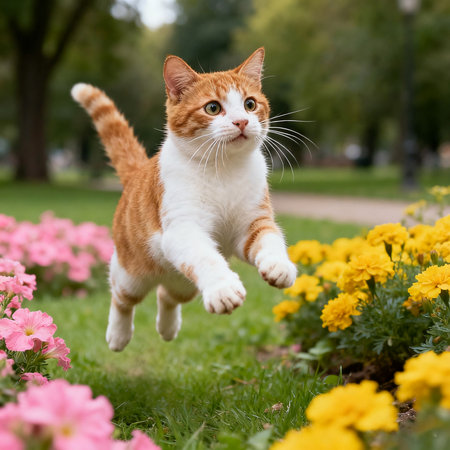 Cute ginger cat running in the garden with flowers. Selective focus.の素材