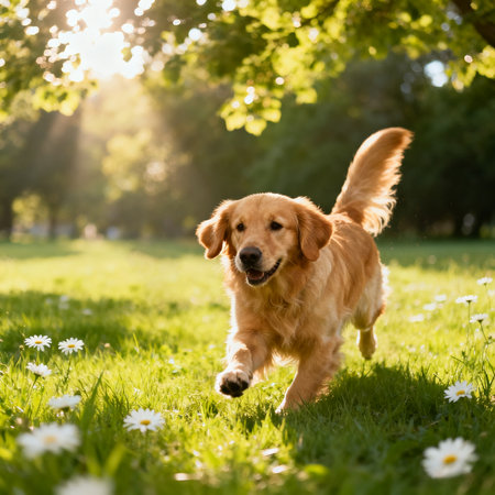 Golden Retriever running in the park on a sunny day.の素材