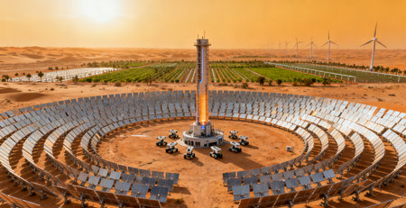 Aerial view of solar panels and wind turbines in Sahara desert, Moroccoの素材