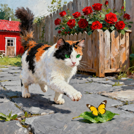 The cat walks on the street in the village with red roses.の素材