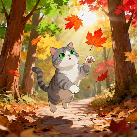 Cute cat walking in autumn park with falling leaves. Vector illustration.の素材