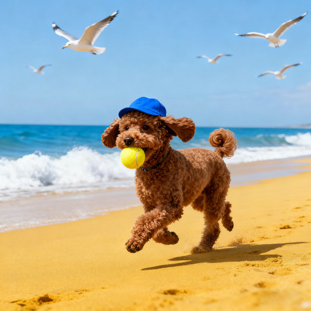 Dog playing with a ball on the beach. Concept of summer vacation.の素材